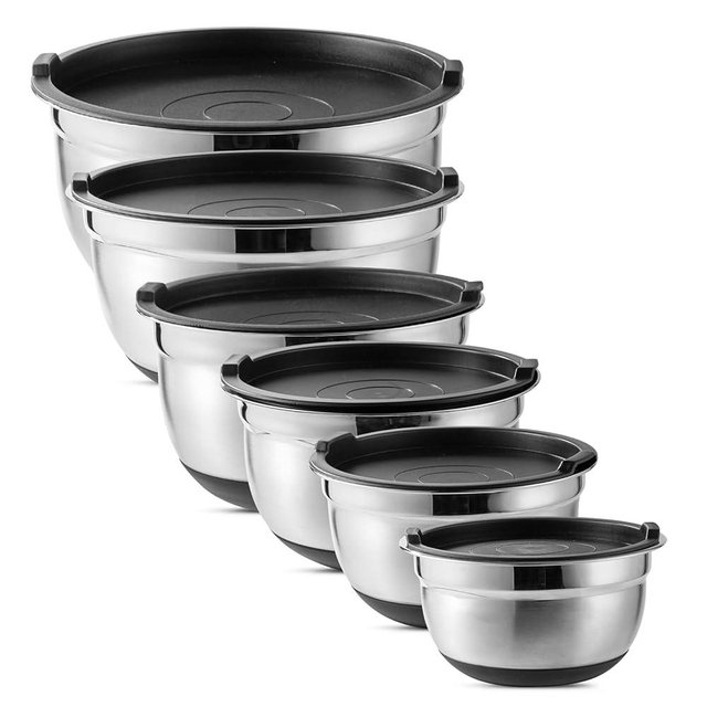 COOK WITH COLOR Mixing Bowls with Airtight Lids - 12 piece Stainless Steel Metal Nesting Storage Bowls, Non-Slip Bottoms (Black)