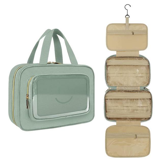 ISENSHI Toiletry Bag for Women,Travel Makeup Bag with Hanging Hook, Cosmetic Bag for Full Sized Toiletries, Overnight Bags for Accessories (Light Green, Medium)