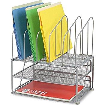 Desk Organizer with Double Tray and 5 Upright Sections, Silver