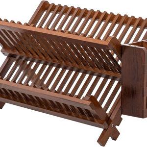 Teak Folding 2-Tier Drying Rack with Utensils Holder Set