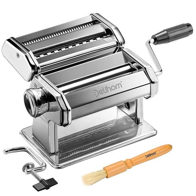 Delihom Pasta Maker - Stainless Steel Pasta Machine, Cutter, Hand Crank, Clamp and Clean Brush for Homemade Spaghetti and Fettuccini