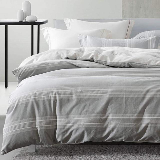 SLEEPBELLA Striped Duvet Cover King Size, 100% Cotton Light Gray Printed on White Stripes Reversible Soft Breathable Durable Bedding Set