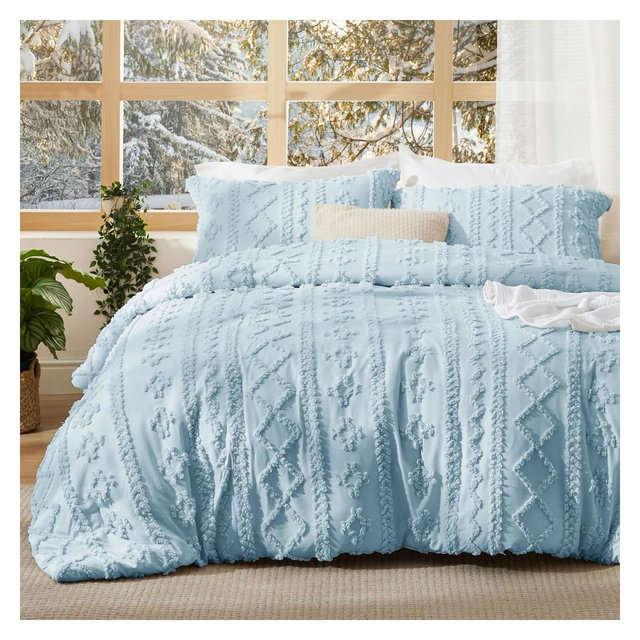 3Pcs Tufted Boho Farmhouse Shabby Chic Embroidery Dusty Blue Queen Size Comforter Set - Bedsure