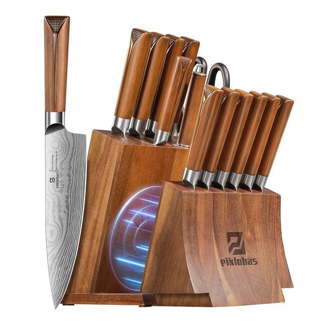 Piklohas Knife Block Set, 15 Pieces Knife Sets With Magnetic Detachable Knife Holder, High Carbon German Steel Damascus Pattern Kitchen Knife Set With Steak Knives, Warmth Series For Gift Ideal