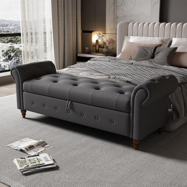 SNACLIP 63" Storage Ottoman, End of Bed Bench King Size with Button Tufted Upholstered Rolled Arms Multifunctional Foot Rest Stool for Bedroom, Living Room, Entryway, Hallway, Grey