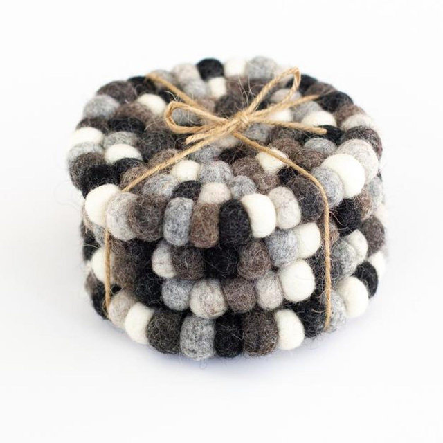 Round Felt Coasters- 4" Wide- Set of 4 or 6- 100% Wool- Neutrals Black White Tan- Handmade Gift Idea- Tea Coffee Table Accessories