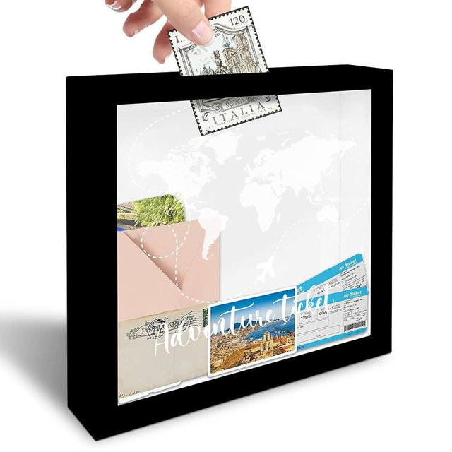 8" x 8" Black Travel Shadow Box Frame - Adventure Ticket - Travel Wooden Display Memory Saver with Slot for Tickets, Keepsake - Gifts & Decorations for Family & Friends - A03