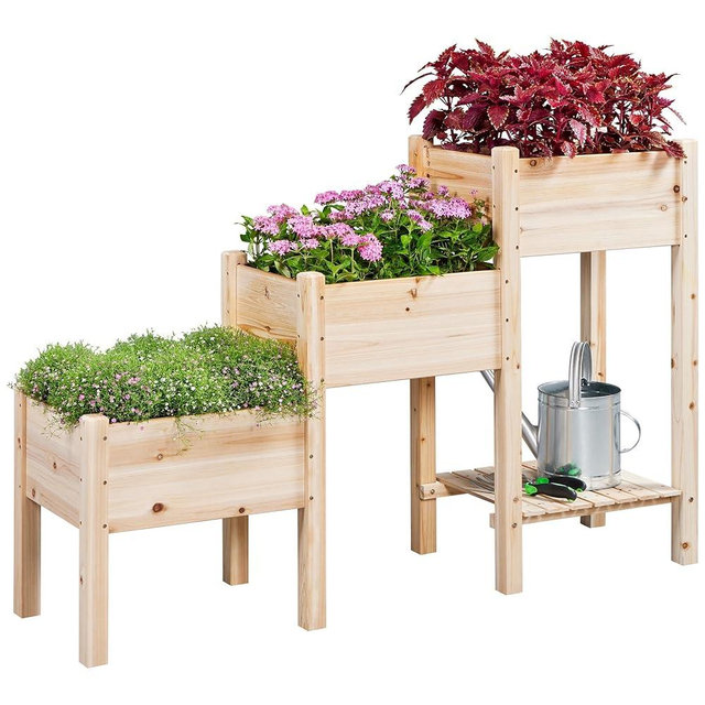 Yaheetech 1pc Vertical Garden Planter 3-Tier Fir Wood Raised Garden Bed for Plants, Vegetables, Outdoor Gardening Freestanding Elevated Raised Planter Boxes w/Shelf Easy Assembly, Natural Wood