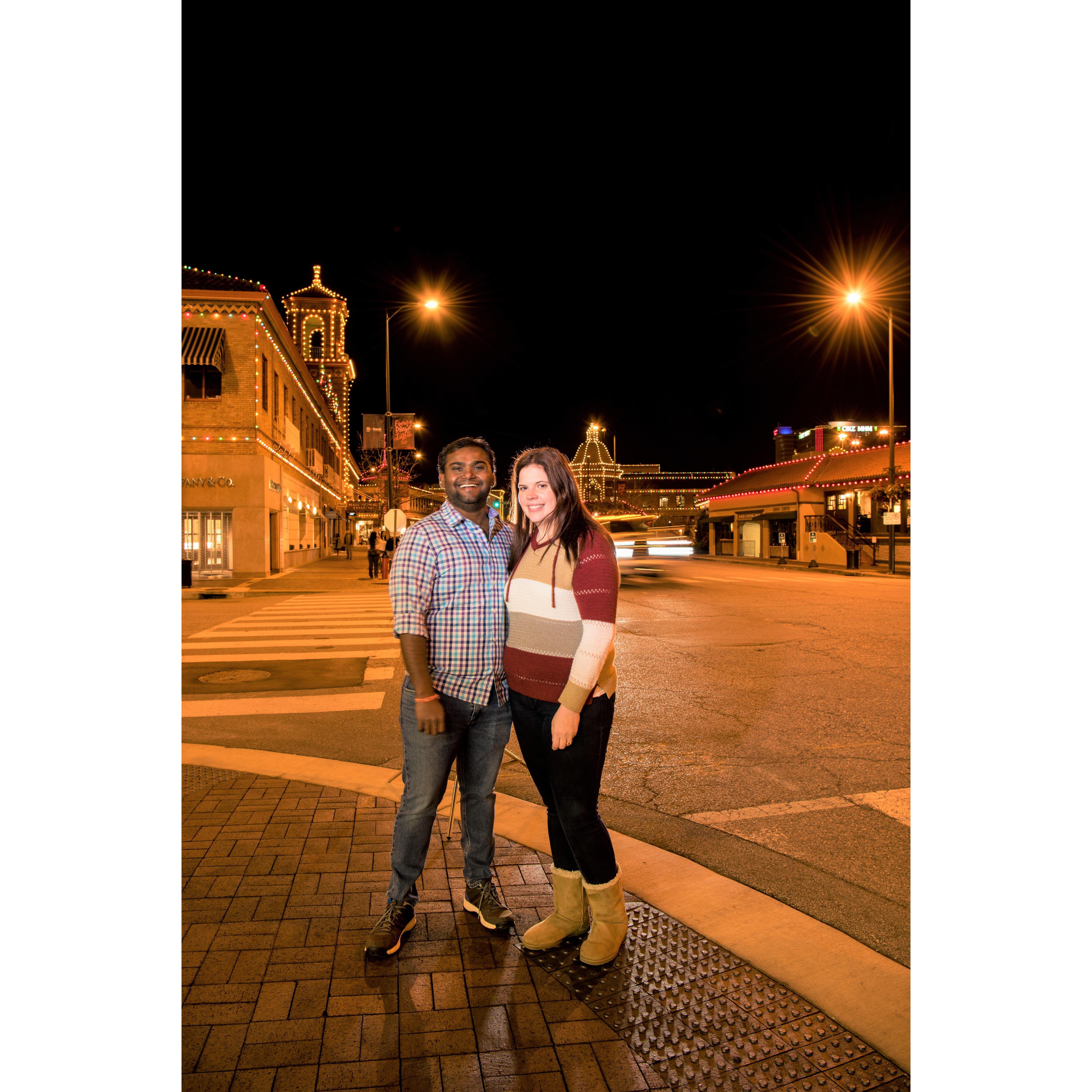 Engagement Photos at the Plaza with Christmas Lights.   Photos by Vijay Ainapurapu.