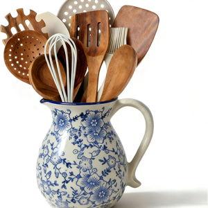 Ceramic Utensil Holder for Kitchen Counter, 6.1 Inch Modern Farmhouse Rustic Cooking Utensil Holder for Countertop Home Decor, Vintage Utensil Organizer Crock for Cooking & Spoon Tools (Blue & White)