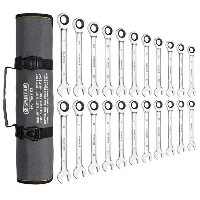 Spurtar 22 Pieces Ratcheting Wrench Set 1/4''-3/4'' & 6-18mm Combination Ratchet Wrenches Set 72 Teeth CR-V Steel Mirror Finish with Portable Carrying Bag Gadget for Men