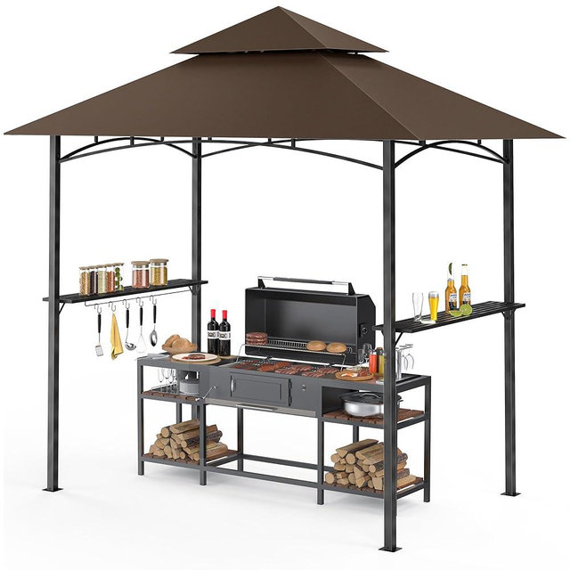 GVDV 8x5FT Grill Gazebo - Outdoor BBQ Canopy Shelter with 2 Side Shelves & Double-Tiered Top for Patio Backyard Grilling, Brown