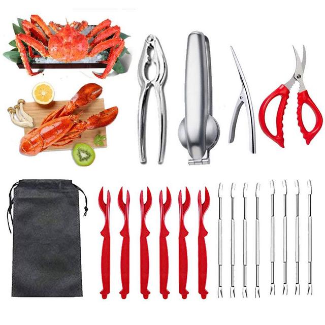 19Pcs Seafood Tools Set,Crab legs crackers and tools Stainless Steel Forks Opener Shellfish Lobster Crab Leg Sheller Nut Crackers Seafood Scissors and Storage Bag