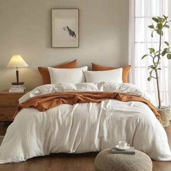SE SOFTEXLY Muslin Duvet Cover California King Size, 100% Washed Cotton Duvet Cover Set, Ultra Soft Comforter Cover Linen Like, 3 Pieces Gauze Duvet Cover with 2 Pillowcases, 98"x104", White