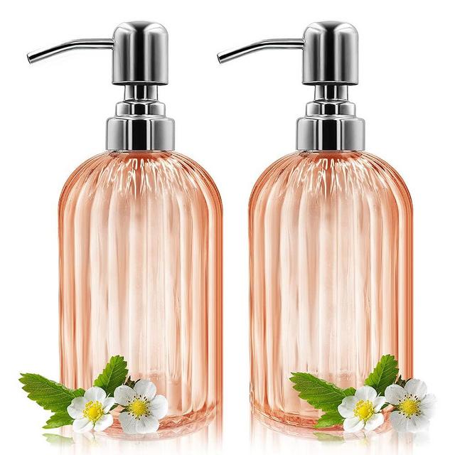 Soap Dispenser - 2 Pack 14 Oz Glass Soap Dispenser with Rust Proof Stainless Steel Pump, Refillable Liquid Bottle Dispenser, Premium Hand Jar Dispenser for Bathroom, Kitchen, Countertop (Amber Orange)