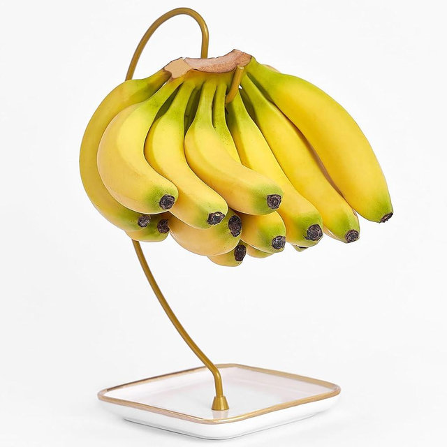 VROOMIUM Banana Holder Stand with Ceramic Base - Holds Up to 5 Pounds Bananas, Hassle-free Cleaning, Stylish and Chic Design Banana Rack - Gold