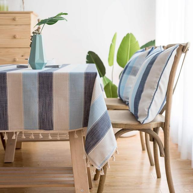 LINENLUX Striped Cotton Linen Tablecloth/Table Cover with Tassel Blue Navy Rectangle/Oblong 55 X 70 in