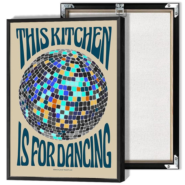 Beshdomp This Kitchen Is For Dancing Posters Retro Preppy Disco Ball Canvas Wall Art Trendy Funny Blue Disco Prints Painting For Home Kitchen Living Room Dorm Wall Decor 12x16in Framed