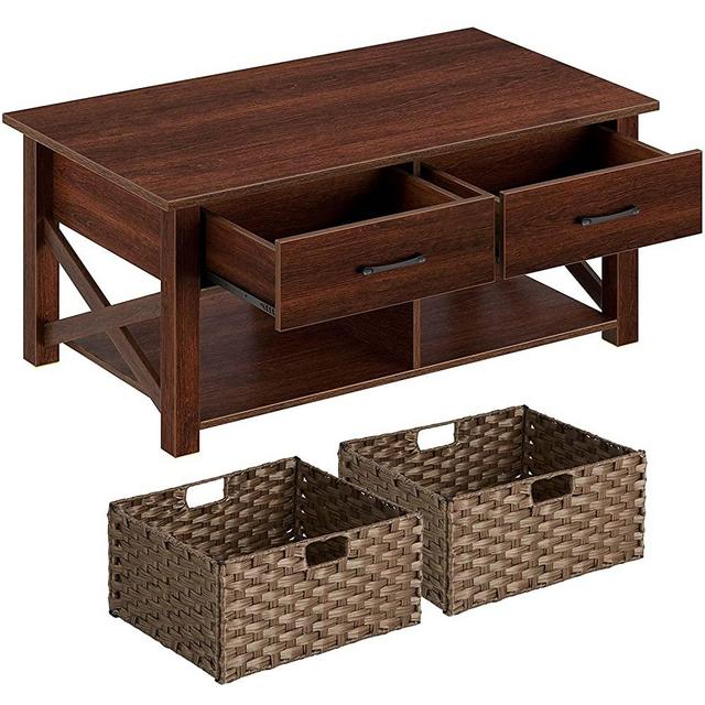Rolanstar Coffee Table with 2 Storage Drawers and 2 Rattan Baskets, 41.7” Wood Coffee Table Shelf, Farmhouse X Wood Support, Central Table for Living Room, Espresso
