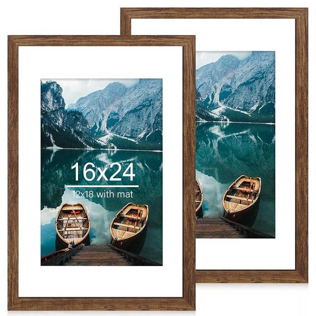 Hongkee 16x24 Frame Set of 2, Rustic Brown Wood Style - Display 16 x 24 Picture without Mat or 12x18 Picture with Mat, Wall Mounting Horizontal and Vertical
