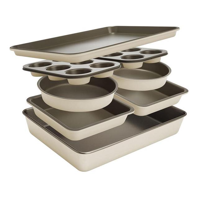 Goodful All-In-One Nonstick Bakeware Set, Stackable and Space Saving Design includes Round and Square Pans, Muffin Pans, Cookie Sheet and Roaster, Dishwasher Safe, 8-Piece, Linen