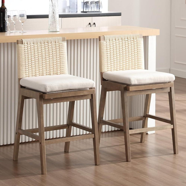 LukeAlon Woven Linen Counter Stools Set of 2, 27.25" Seat Height Low Bar Stools with Solid Wood Legs Mid Century Kitchen Stools Square Rope Back Pub Stools with Footrest Indoor, Beige