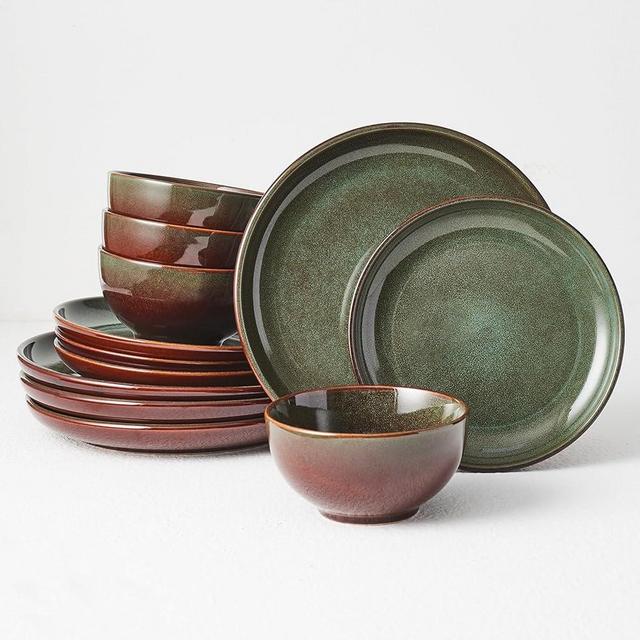 Pokini Stoneware Dinnerware Set Service for 4, 12pcs Reactive Glaze Plates and Bowls Sets, Handmade Round Dishes Set, Highly Chip and Crack Resistant Modern Plate Set, Red Brown & Green