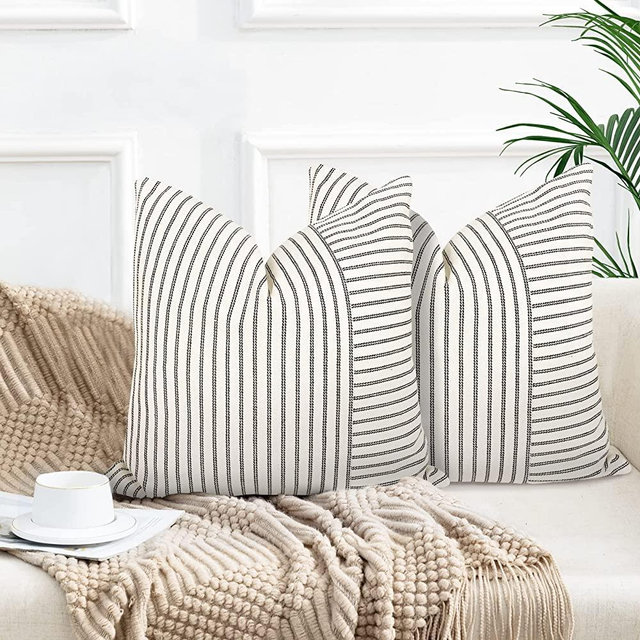 Farmhouse Pillow Covers 20x20, Modern Accent Square Throw Pillow Covers Set of 2, Black and Beige Striped Patchwork Linen Decorative Pillows Cushion Covers for Couch Chair Bedroom Fall Decorations