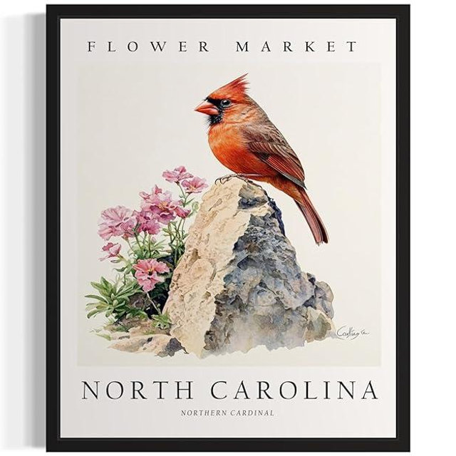 North Carolina Art Print Poster, State Bird Wall Art Wildlife Animal Botanical Decoration for Bedroom, Living Room Bathroom Decor 77 (North Carolina, 16 x 20 inches, Black Frame)