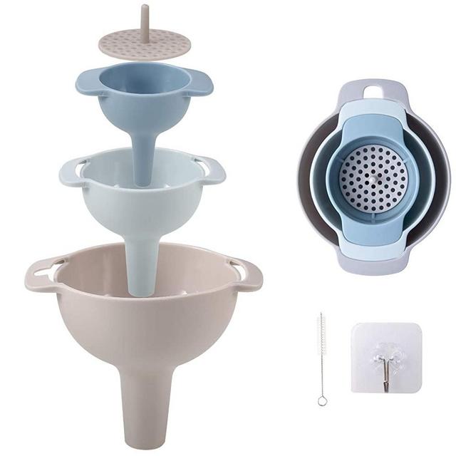 Kitchen Funnel Set of 3, Plastic Funnels with Detachable Strainer Filter for Filling Bottles with Oil, Liquid, Fluid, Powder