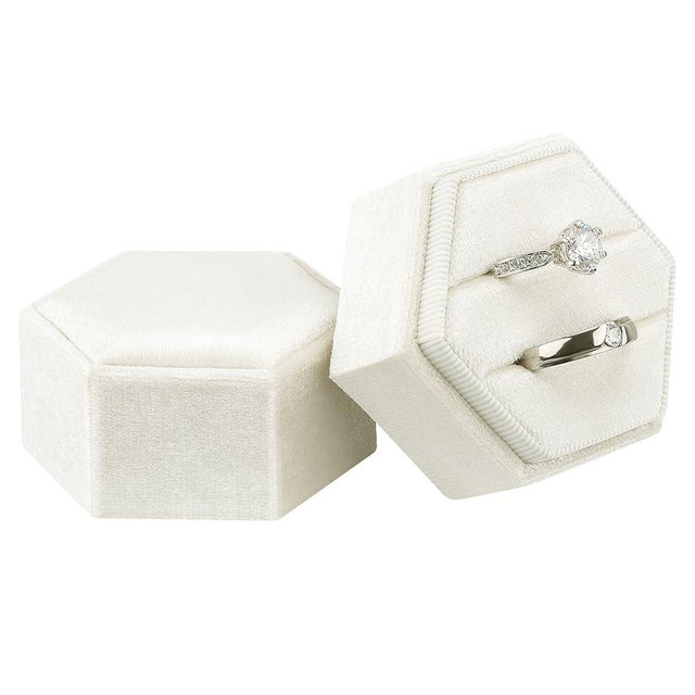 DesignSter Velvet Jewelry Ring Box,2 Slots Jewelry Ring Gift Box Vintage Ring Display Holder with Detachable Lid for Proposal, Engagement, Wedding, Ceremony(Beige)