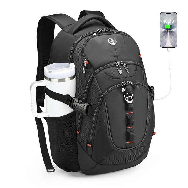 Swissdigital Design Laptop Backpack with USB Charging Port, Travel Backpack Fits 15.6 inches Computer, 31L College School Backpack for Men, Black | SD803-01
