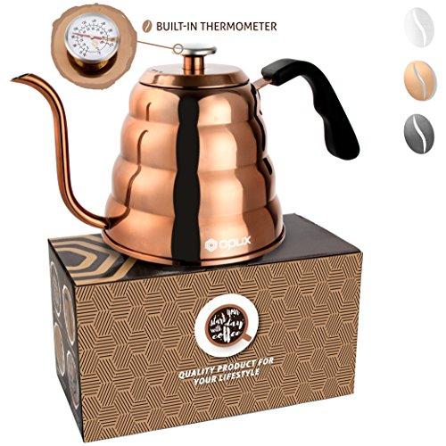 OPUX Gooseneck Pour Over Coffee Kettle with Thermometer | Stainless Steel Stovetop Hand Drip Kettle for Home Coffee Brewing, Tea, Barista | 40 fl oz (Glossy Copper, Solid Top)