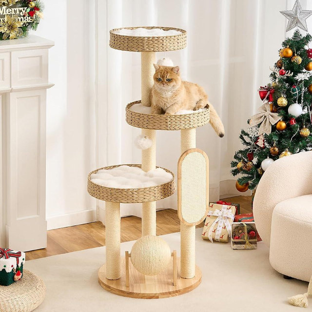 Modern Cat Tree Tower for Large Cat with Scratching Post for Indoor, 46 inch Multi-Level Solid Wood Cat Tower with Handwoven Beds, Scratching Boards, Scratcher Ball, Dangling Balls