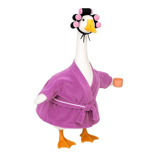 23 Inch Lady Porch Goose Outfit - Porch Goose Clothes with Bathrobe, Coffee Cup, Donut, Used for Outdoor Garden and Courtyard Decoration (Pink)