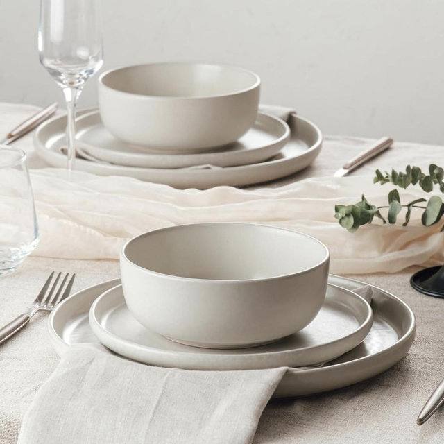 Famiware Milkyway Stoneware Dinnerware Sets with Pasta Bowls, Service for 4 (16 Pieces), Reactive Glaze Plates and Bowls Sets, Microwave and Dishwasher Safe Dishes Set, Matte Beige White