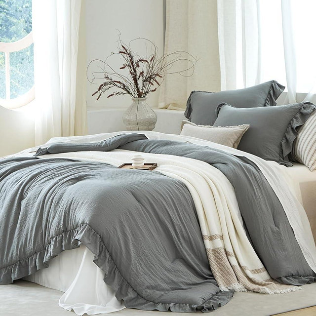 softpage Grey Ruffle Comforter Set King, Pre-Washed Shabby Chic Bedding Set, Lightweight Cottagecore Soft Romantic Cozy 1 Comforter & 2 Shams, All-Season