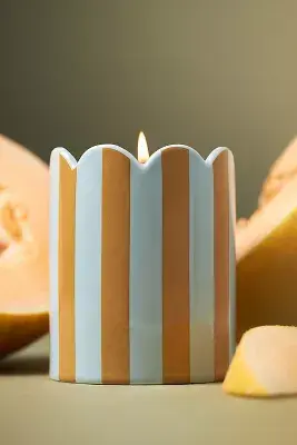 Woody Melon & Musk Striped Scallop Ceramic Candle