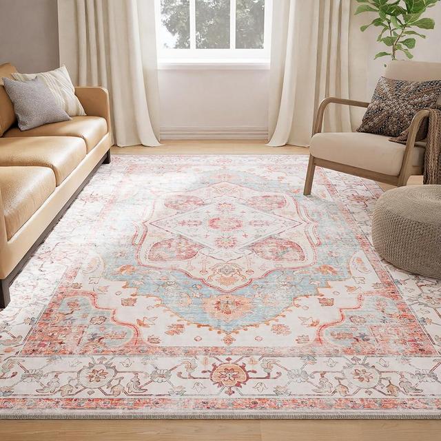 RELEANY 6x9 Area Rugs Machine Washable 6x9 Rug Low Pile Carpet No Shedding Area Rugs for Living Room Bedroom Dining Room Kitchen Entrance Indoor-Pink