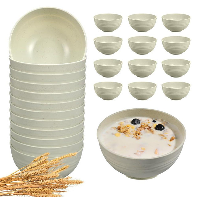 HEYCOME 12 Pcs Unbreakable Cereal Bowls Set, 26 Oz Wheat Straw Bowls Set, Microwave & Dishwasher Safe Bowls for Kitchen, Reusable Plastic Bowls for Soup, Salad and Snack, BPA Free, Beige