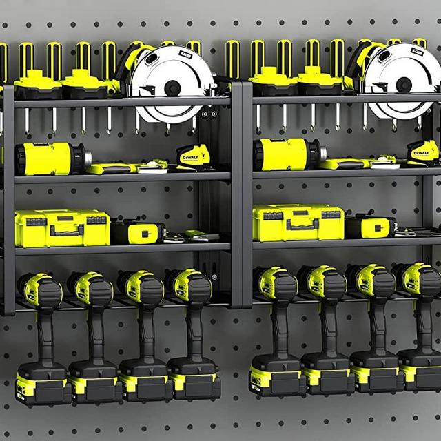 KAFAHOM Power Tool Organizer, 8 Drill Holder Wall Mount, 4 Layers Garage Tool Organizers and Tool Storage Rack, Heavy Duty Metal Tool Shelf with Screwdriver Holder/Plier Holder/Hammer Holder
