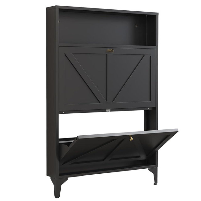 LINGZOE Shoe Cabinet with 2 Flip Drawers, Farmhouse Shoe Organizer, Narrow Shoe Rack Cabinet, Freestanding Shoe Storage Cabinet with Open Storage for Entryway, Foyer, Hallway, Black (2 Door, Black)