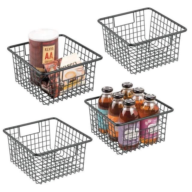 mDesign Farmhouse Decor Metal Wire Food Storage Organizer Bin Basket with Handles for Kitchen Cabinets, Pantry, Bathroom, Laundry Room, Closets, Garage, 4 Pack - Black