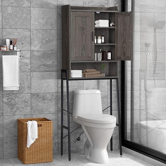 apexnova Over The Toilet Storage Cabinet, Wooden Space-Saving Bathroom Organizer Shelf Over Toilet Storage Rack with Double Door and Adjustable Feet