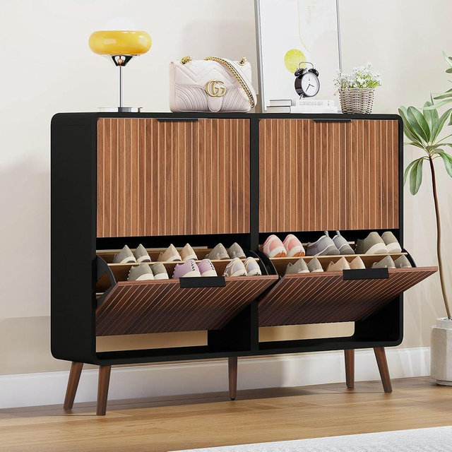 FurSch 47" Fluted Large Shoe Cabinet with 4 Flip Drawers, Slim Freestanding Shoe Cabinet Organizer, Narrow Shoes Storage Rack for Entryway, 5 Sturdy Legs (Walnut, 9.45”D x 47.24”W x 35.83”H)