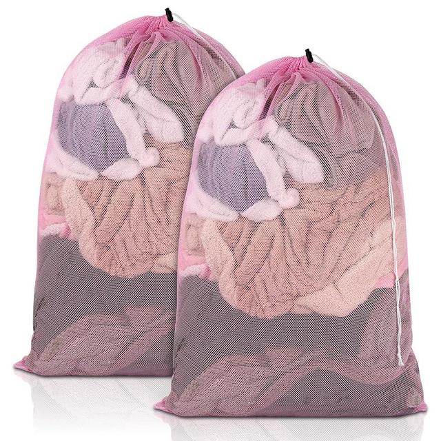 2 Pack Mesh Laundry Bags, 23 x 34 Inches Heavy Duty Mesh Laundry Bag, Large Laundry Drawstring Bag for College, Dorm, Travel, Family and Apartment Dwellers, Pink