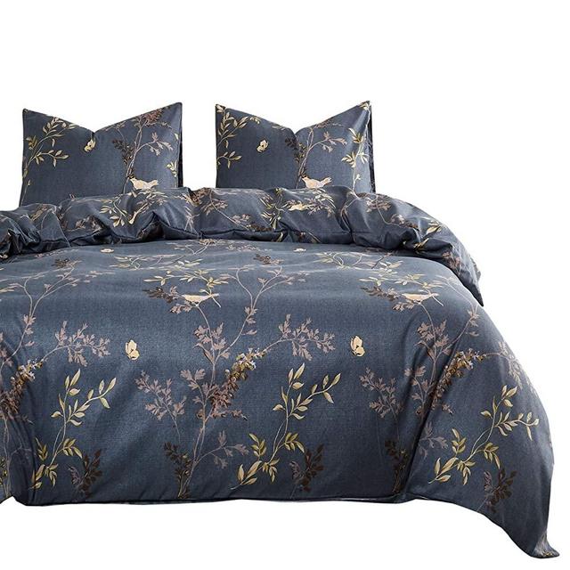 Wake In Cloud - Gray Comforter Set, Birds Floral Flowers Leaves Pattern Printed on Dark Grey, Soft Microfiber Bedding (3pcs, California King Size)