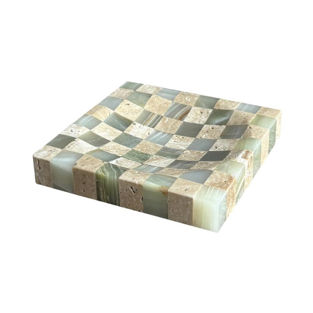StonePlus Marble Stone Green Onyx with Travertine Checkerboard Square Small Splicing Mosaic Tray Jewelry Dish (Green and Beige)