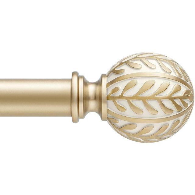 Houmiggle Wood Curtain Rods for Windows 48 to 84, 1 Inch Heavy Duty Boho Drapery Rods with Imitation Wood Grain olive leaf motif Finials, Rustic Decorative Curtain Pole set, 32"-86", Champagne Gold