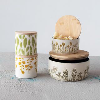 2-Piece Hand-Stamped Floral Stoneware Jar Set